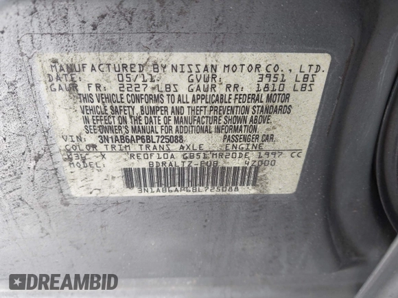 2011 Nissan Sentra SR with VIN 3N1AB6AP6BL725088, listed as a IAAI auction lot 41667370 with 147,708 mi miles and . Bid and sale history available at DreamBid. Image 9.