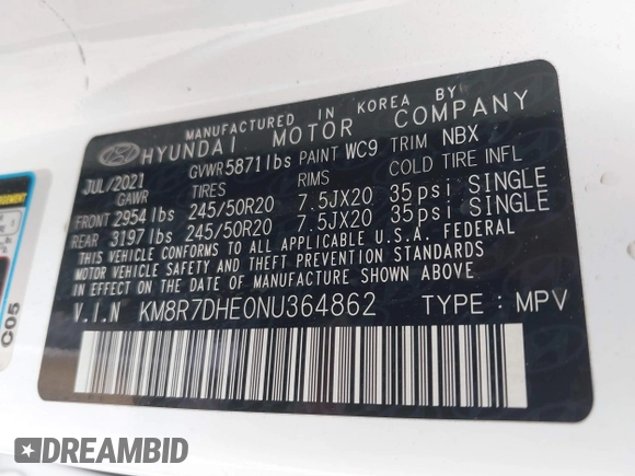 2022 Hyundai Palisade Calligraphy z VIN KM8R7DHE0NU364862, wystawiony jako IAAI lot #42353285 z przebiegiem 54 936 mil mil oraz . Historia ofert i sprzedaży dostępna na DreamBid. Obrazek 9.
