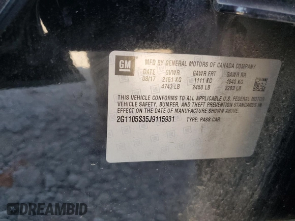 2018 Chevrolet Impala LT z VIN 2G1105S35J9115931, wystawiony jako Copart lot #53836225 z przebiegiem 117 134 mil mil oraz Szkoda całkowita • Salvage title. Historia ofert i sprzedaży dostępna na DreamBid. Obrazek 12.