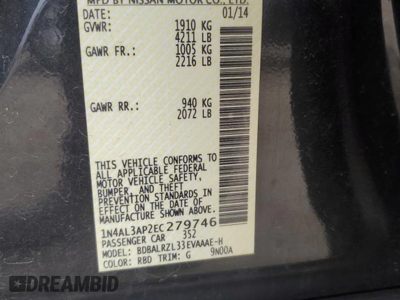 2014 Nissan Altima SV with VIN 1N4AL3AP2EC279746, listed as a Copart auction lot 48284755 with 156,217 mi miles and Salvage Title. Bid and sale history available at DreamBid. Image 12.
