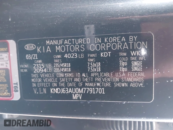 2021 Kia Soul GT-Line with VIN KNDJ63AU0M7791701, listed as a IAAI auction lot 41741468 with 54,715 mi miles and . Bid and sale history available at DreamBid. Image 9.