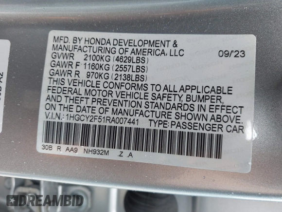 2024 Honda Accord Sport with VIN 1HGCY2F51RA007441, listed as a IAAI auction lot 42263568 with 33,854 mi miles and . Bid and sale history available at DreamBid. Image 9.