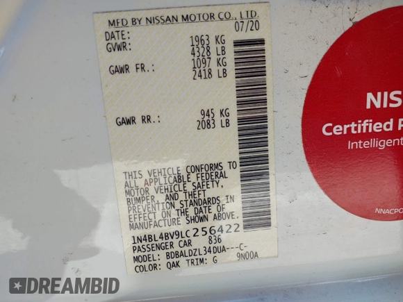 2020 Nissan Altima 2.5 S with VIN 1N4BL4BV9LC256422, listed as a IAAI auction lot 41805700 with 117,886 mi miles. Bid and sale history available at carsss.com. Image 9.