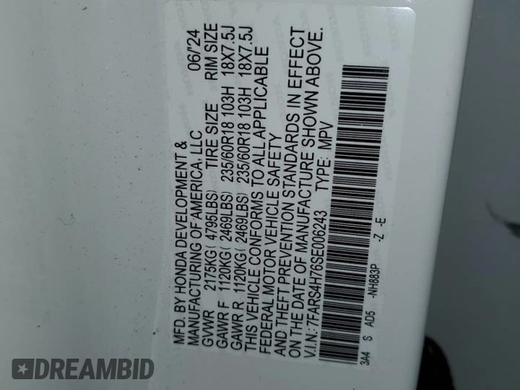 2025 Honda CR-V EX-L with VIN 7FARS4H76SE006243, listed as a Copart auction lot 47415615 with Not Provided miles and Salvage Title. Bid and sale history available at DreamBid. Image 13.