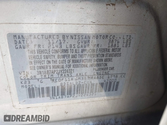 2018 Nissan Sentra SV z VIN 3N1AB7AP2JY224321, wystawiony jako IAAI lot #41885831 z przebiegiem 130 852 mil mil oraz . Historia ofert i sprzedaży dostępna na DreamBid. Obrazek 9.