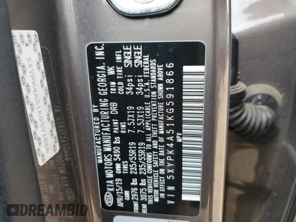 2019 Kia Sorento SX z VIN 5XYPK4A51KG591866, wystawiony jako Copart lot #47398695 z przebiegiem 119 126 mil mil oraz Szkoda całkowita • Salvage title. Historia ofert i sprzedaży dostępna na DreamBid. Obrazek 13.
