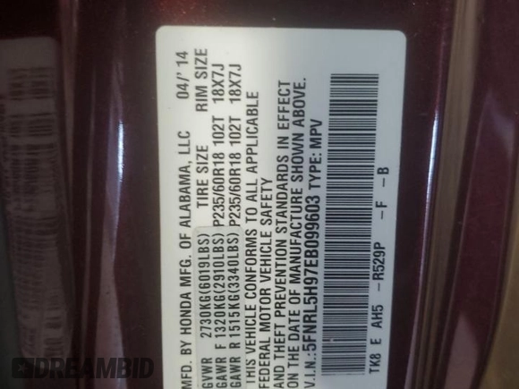 2014 Honda Odyssey Touring с VIN 5FNRL5H97EB099603, выставлен на аукционе Copart как лот 60048275 с пробегом 140 484 миль миль и Списание • Salvage title. История ставок и продаж доступна на DreamBid. Изображение 13.