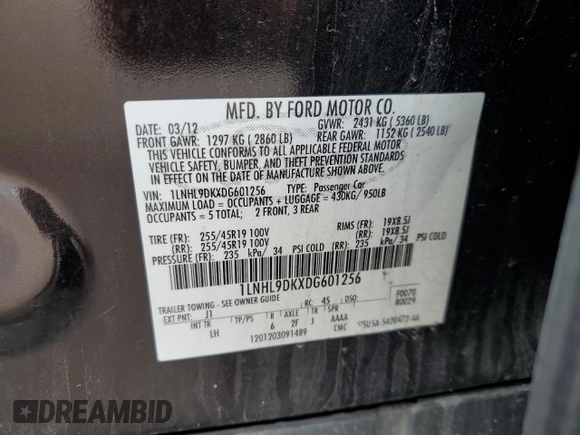 2013 Lincoln MKS with VIN 1LNHL9DKXDG601256, listed as a Copart auction lot 51078365 with 210,644 mi miles and Salvage Title. Bid and sale history available at carsss.com. Image 14.