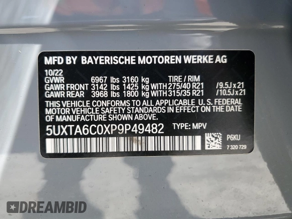 2023 BMW X5 xDrive45e with VIN 5UXTA6C0XP9P49482, listed as a Copart auction lot 56730735 with Not provided miles and Salvage title. Bid and sale history available at DreamBid. Image 13.