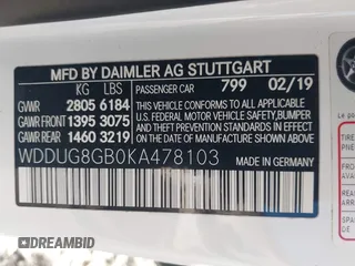 2019 Mercedes-Benz S 560 with VIN WDDUG8GB0KA478103, listed as a IAAI auction lot 40647036 with 67,353 mi miles and . Bid and sale history available at DreamBid. Image 9.