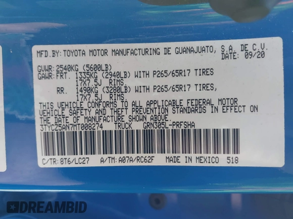 2021 Toyota Tacoma SR z VIN 3TYCZ5AN7MT008274, wystawiony jako IAAI lot #42091508 z przebiegiem 59 371 mil mil oraz . Historia ofert i sprzedaży dostępna na DreamBid. Obrazek 9.