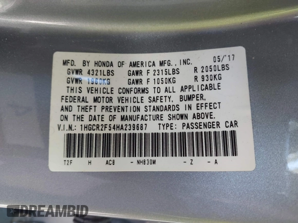 2017 Honda Accord Sport with VIN 1HGCR2F54HA239687, listed as a IAAI auction lot 42055418 with 28,369 mi miles. Bid and sale history available at carsss.com. Image 9.
