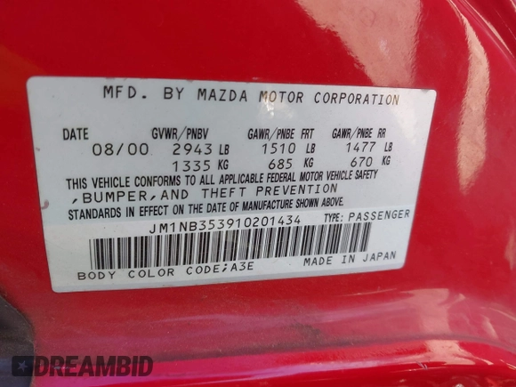 2001 Mazda MX-5 Miata z VIN JM1NB353910201434, wystawiony jako IAAI lot #41817576 z przebiegiem 209 104 mil mil oraz . Historia ofert i sprzedaży dostępna na DreamBid. Obrazek 9.