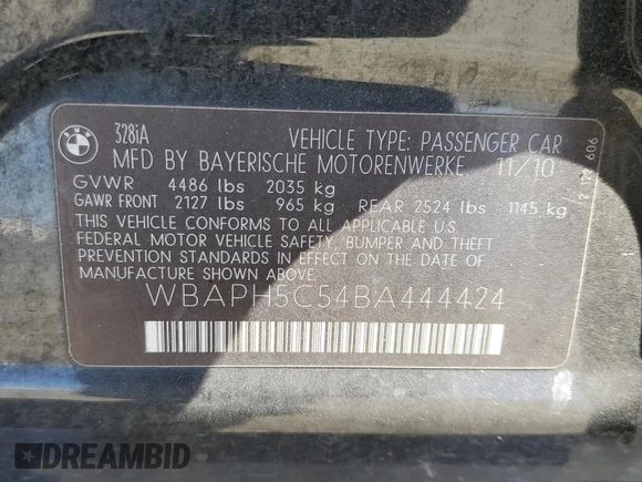 2011 BMW 3 Series 328i with VIN WBAPH5C54BA444424, listed as a Copart auction lot 60678395 with 91,440 mi miles and Salvage title. Bid and sale history available at DreamBid. Image 13.