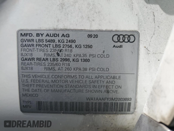 2021 Audi Q5 Premium z VIN WA1AAAFY3M2003693, wystawiony jako Copart lot #56363285 z przebiegiem 71 578 mil mil oraz Szkoda całkowita • Salvage title. Historia ofert i sprzedaży dostępna na DreamBid. Obrazek 13.