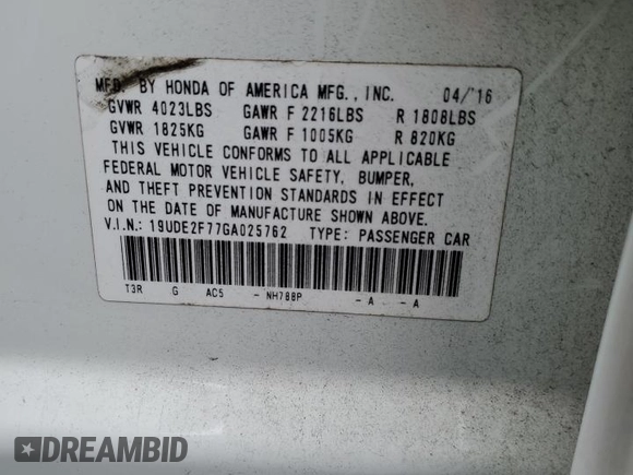 2016 Acura ILX Premium with VIN 19UDE2F77GA025762, listed as a Copart auction lot 62636165 with 65,835 mi miles and Salvage title. Bid and sale history available at DreamBid. Image 14.