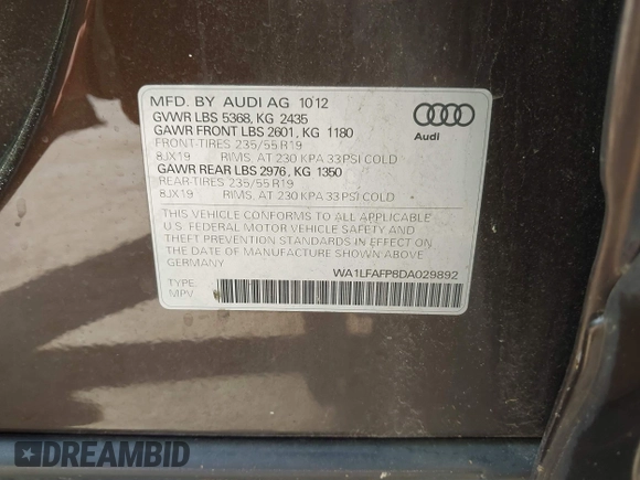 2013 Audi Q5 Premium Plus с VIN WA1LFAFP8DA029892, выставлен на аукционе IAAI как лот 42453424 с пробегом 148 246 миль миль и . История ставок и продаж доступна на DreamBid. Изображение 9.