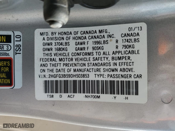 2013 Honda Civic Cpe LX with VIN 2HGFG3B59DH503853, listed as a Copart auction lot 50409385 with 97,669 mi miles and Salvage Title. Bid and sale history available at carsss.com. Image 12.