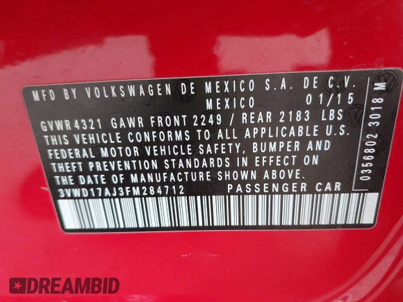 2015 Volkswagen Jetta Sedan 1.8T SE with VIN 3VWD17AJ3FM284712, listed as a IAAI auction lot 42052882 with 140,088 mi miles. Bid and sale history available at carsss.com. Image 9.