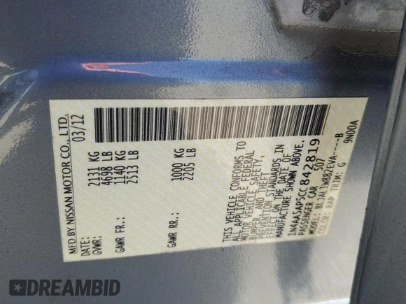 2012 Nissan Maxima SV z VIN 1N4AA5AP5CC842819, wystawiony jako Copart lot #64054495 z przebiegiem 129 482 mil mil oraz Szkoda całkowita • Salvage title. Historia ofert i sprzedaży dostępna na DreamBid. Obrazek 13.