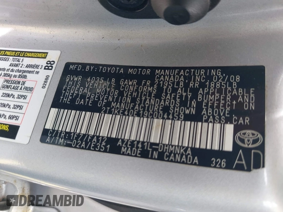 2009 Toyota Matrix S with VIN 2T1KE40E19C004459, listed as a IAAI auction lot 42689276 with 156,372 mi miles and . Bid and sale history available at DreamBid. Image 9.