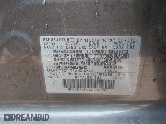 2016 Nissan Versa S Plus with VIN 3N1CN7AP6GL846992, listed as a IAAI auction lot 42373479 with 98,677 mi miles and . Bid and sale history available at DreamBid. Image 9.