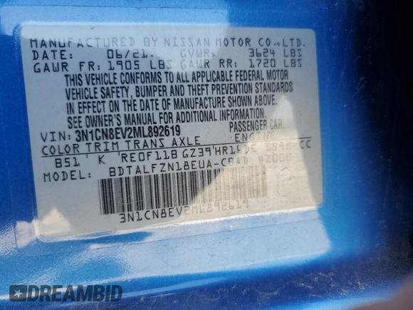 2021 Nissan Versa SV z VIN 3N1CN8EV2ML892619, wystawiony jako Copart lot #53611595 z przebiegiem 80 361 mil mil oraz Szkoda całkowita • Salvage title. Historia ofert i sprzedaży dostępna na DreamBid. Obrazek 14.