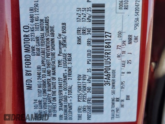 2015 Ford Fusion SE Hybrid with VIN 3FA6P0LU5FR184127, listed as a Copart auction lot 62117645 with 163,487 mi miles and Salvage title. Bid and sale history available at DreamBid. Image 12.