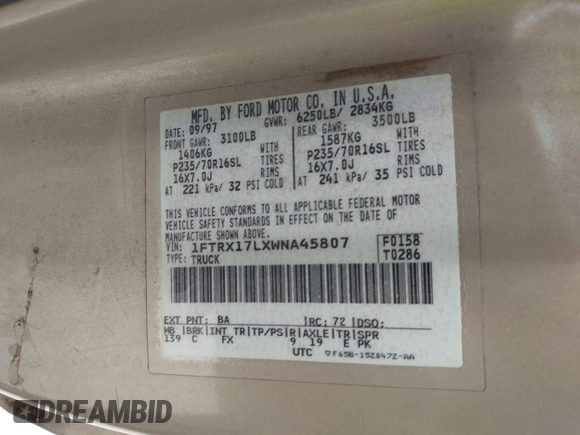 1998 Ford F-150 XL with VIN 1FTRX17LXWNA45807, listed as a IAAI auction lot 42570514 with 240,273 mi miles and . Bid and sale history available at DreamBid. Image 9.