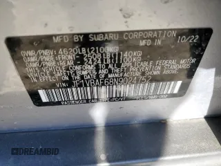 2022 Subaru WRX Premium with VIN JF1VBAF68N9024752, listed as a Copart auction lot 46773635 with 22,154 mi miles and Salvage Title. Bid and sale history available at DreamBid. Image 14.