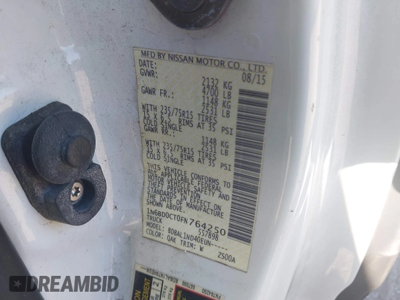 2015 Nissan Frontier SV with VIN 1N6BD0CT0FN764250, listed as a IAAI auction lot 42064995 with 109,548 mi miles and . Bid and sale history available at DreamBid. Image 9.