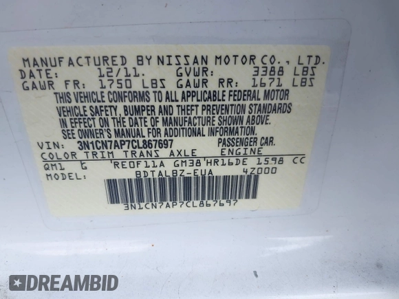 2012 Nissan Versa SV with VIN 3N1CN7AP7CL867697, listed as a IAAI auction lot 42611456 with 82,881 mi miles and . Bid and sale history available at DreamBid. Image 9.