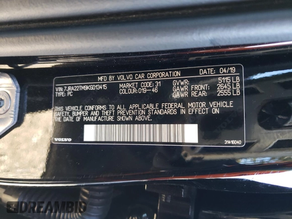 2019 Volvo S60 R-Design with VIN 7JRA22TM9KG013415, listed as a Copart auction lot 38141104 with 59,318 mi miles. Bid and sale history available at carsss.com. Image 12.