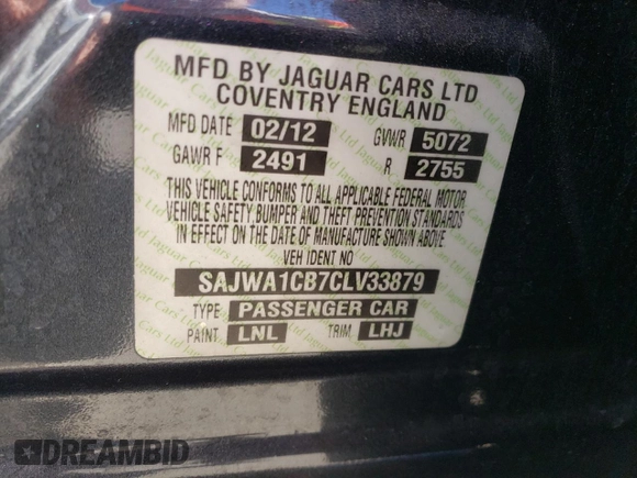 2012 Jaguar XJ with VIN SAJWA1CB7CLV33879, listed as a Copart auction lot 88708995 with Not provided miles and Salvage title. Bid and sale history available at DreamBid. Image 12.