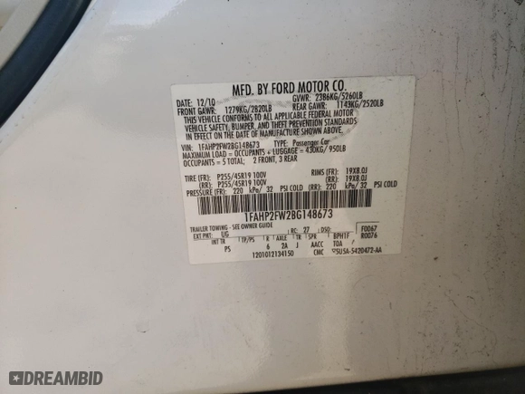 2011 Ford Taurus Limited with VIN 1FAHP2FW2BG148673, listed as a Copart auction lot 45242705 with NaN miles and Salvage Title. Bid and sale history available at carsss.com. Image 14.