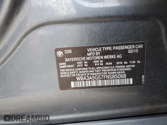 2015 BMW 3 Series 328i с VIN WBA3A5G57FNS85068, выставлен на аукционе Copart как лот 61063705 с пробегом 78 306 миль миль и Списание • Salvage title. История ставок и продаж доступна на DreamBid. Изображение 12.