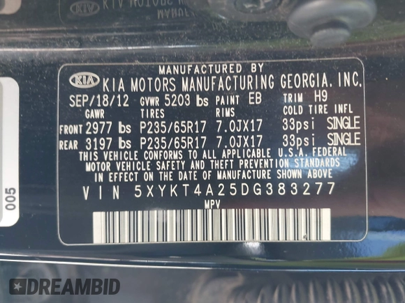 2013 Kia Sorento LX with VIN 5XYKT4A25DG383277, listed as a IAAI auction lot 42038106 with 108,166 mi miles. Bid and sale history available at carsss.com. Image 9.