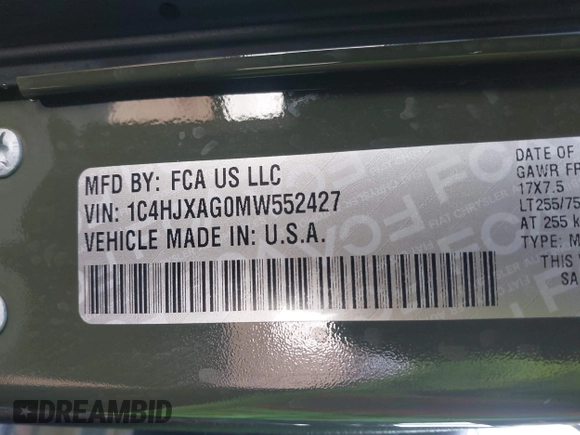 2021 Jeep Wrangler Sport S with VIN 1C4HJXAG0MW552427, listed as a IAAI auction lot 41643643 with 53,013 mi miles and . Bid and sale history available at DreamBid. Image 9.