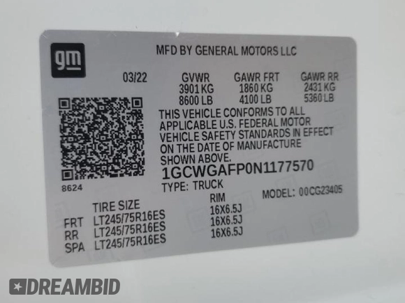 2022 Chevrolet Express Cargo with VIN 1GCWGAFP0N1177570, listed as a Copart auction lot 54801965 with 36,636 mi miles and Salvage title. Bid and sale history available at DreamBid. Image 12.