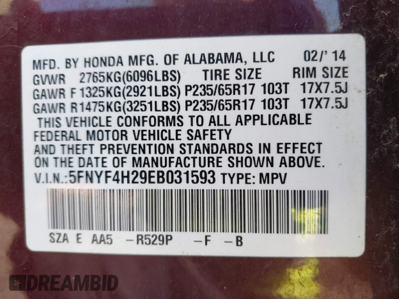 2014 Honda Pilot LX with VIN 5FNYF4H29EB031593, listed as a IAAI auction lot 41769098 with 153,401 mi miles and . Bid and sale history available at carsss.com. Image 9.