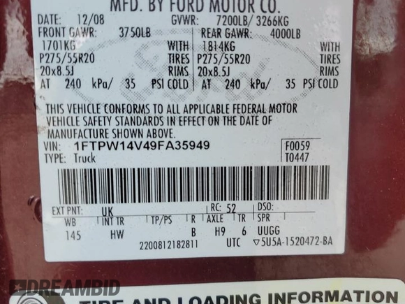 2009 Ford F-150 XL with VIN 1FTPW14V49FA35949, listed as a Copart auction lot 55382805 with 160,445 mi miles and Salvage title. Bid and sale history available at DreamBid. Image 12.