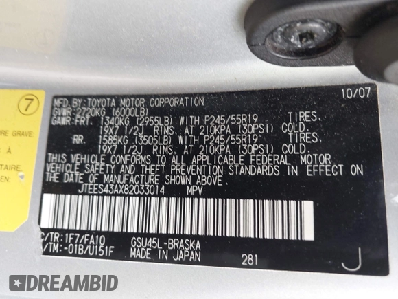2008 Toyota Highlander Sport with VIN JTEES43AX82033014, listed as a IAAI auction lot 42517366 with 245,368 mi miles and . Bid and sale history available at DreamBid. Image 9.