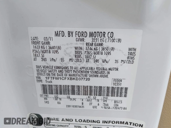 2011 Ford F-150 XL with VIN 1FTFW1CFXBKD37720, listed as a IAAI auction lot 41457337 with 213,864 mi miles. Bid and sale history available at carsss.com. Image 9.