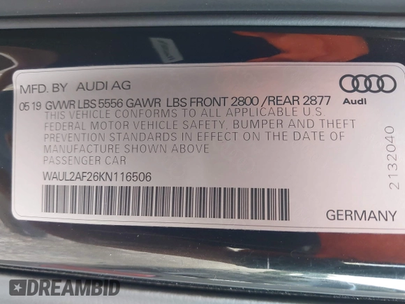 2019 Audi A6 Premium Plus with VIN WAUL2AF26KN116506, listed as a IAAI auction lot 42244879 with Not provided miles and . Bid and sale history available at DreamBid. Image 9.
