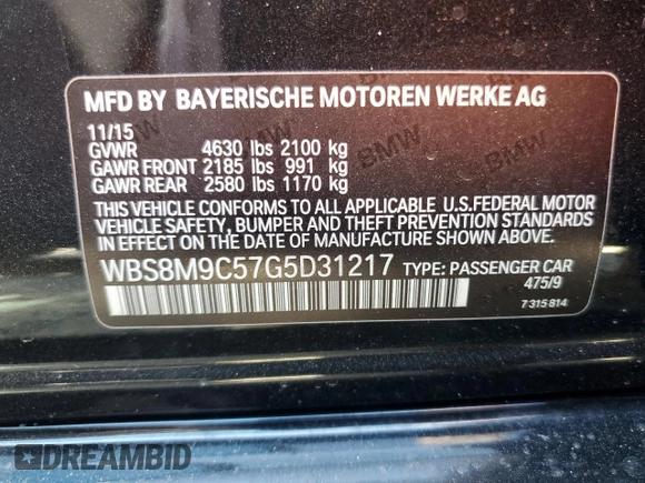 2016 BMW M3 with VIN WBS8M9C57G5D31217, listed as a Copart auction lot 56387555 with Not provided miles and Salvage title. Bid and sale history available at DreamBid. Image 12.