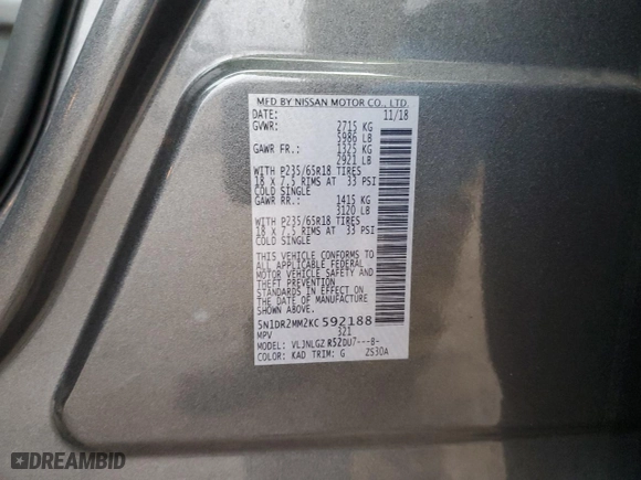 2019 Nissan Pathfinder SV with VIN 5N1DR2MM2KC592188, listed as a Copart auction lot 85503804 with 56,538 mi miles and Salvage Title. Bid and sale history available at carsss.com. Image 13.