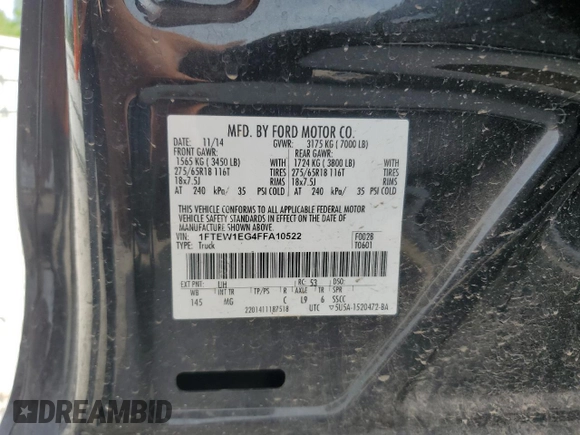 2015 Ford F-150 XLT z VIN 1FTEW1EG4FFA10522, wystawiony jako Copart lot #59221455 z przebiegiem 127 114 mil mil oraz Szkoda całkowita • Salvage title. Historia ofert i sprzedaży dostępna na DreamBid. Obrazek 12.