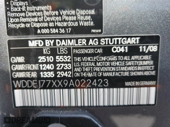 2009 Mercedes-Benz CL-Class V8 AMG with VIN WDDEJ77XX9A022423, listed as a Copart auction lot 88943815 with 101,771 mi miles and Clean Title. Bid and sale history available at carsss.com. Image 12.