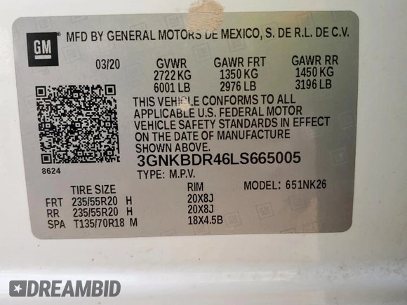 2020 Chevrolet Blazer LT with VIN 3GNKBDR46LS665005, listed as a Copart auction lot 58435965 with 181,120 mi miles and Salvage title. Bid and sale history available at DreamBid. Image 13.