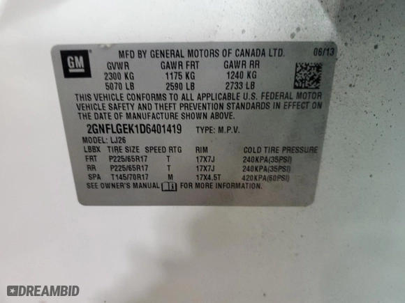 2013 Chevrolet Equinox LTZ with VIN 2GNFLGEK1D6401419, listed as a Copart auction lot 45189755 with 228,755 mi miles and Clean Title. Bid and sale history available at carsss.com. Image 13.